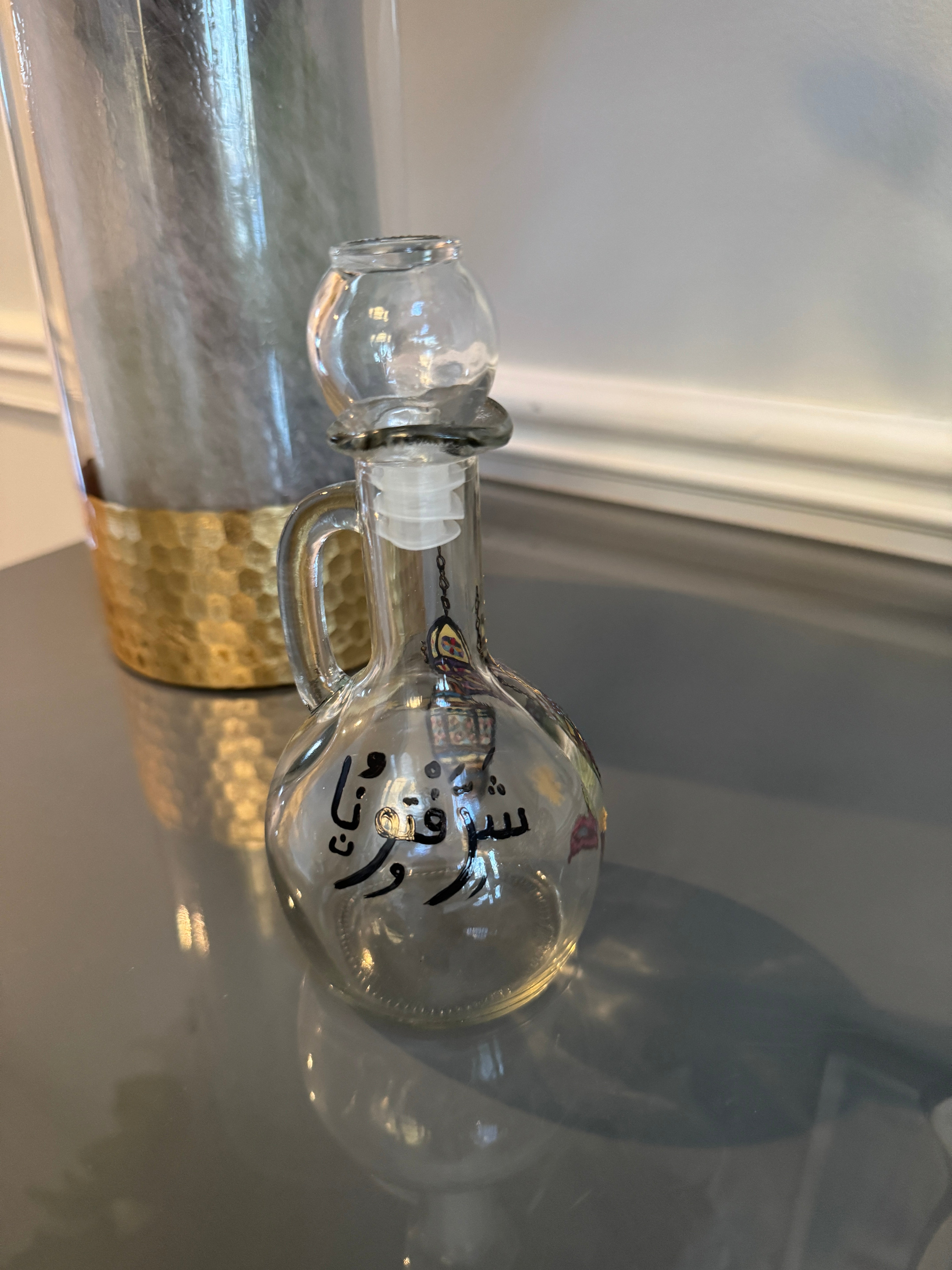 Glass oil dispenser, hand painted with Lanterns & Arabic Calligraphy شرفتونا