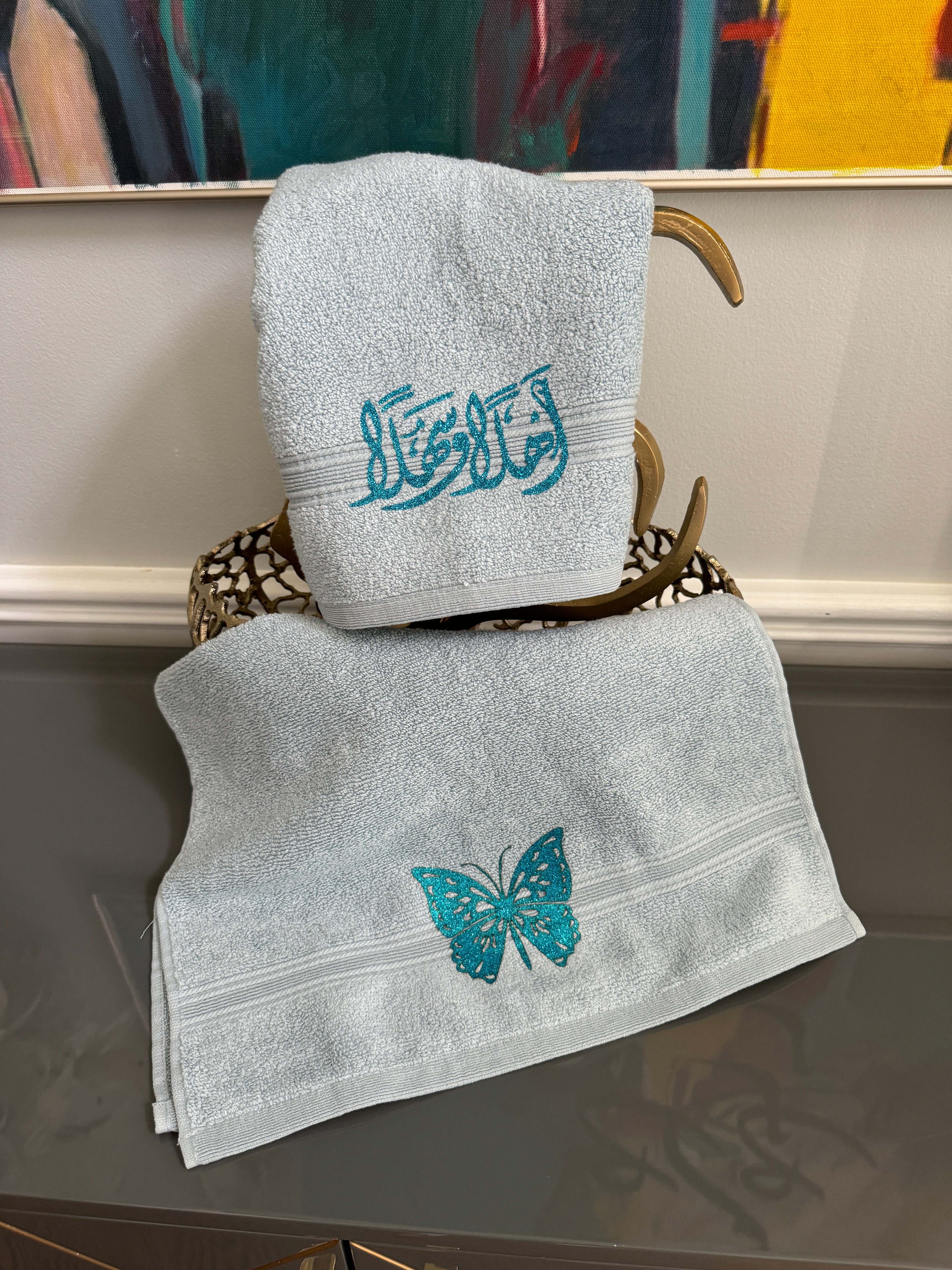 Set of 2 Blue Hand Towels designed with Arabic Calligraphy and Butterfly