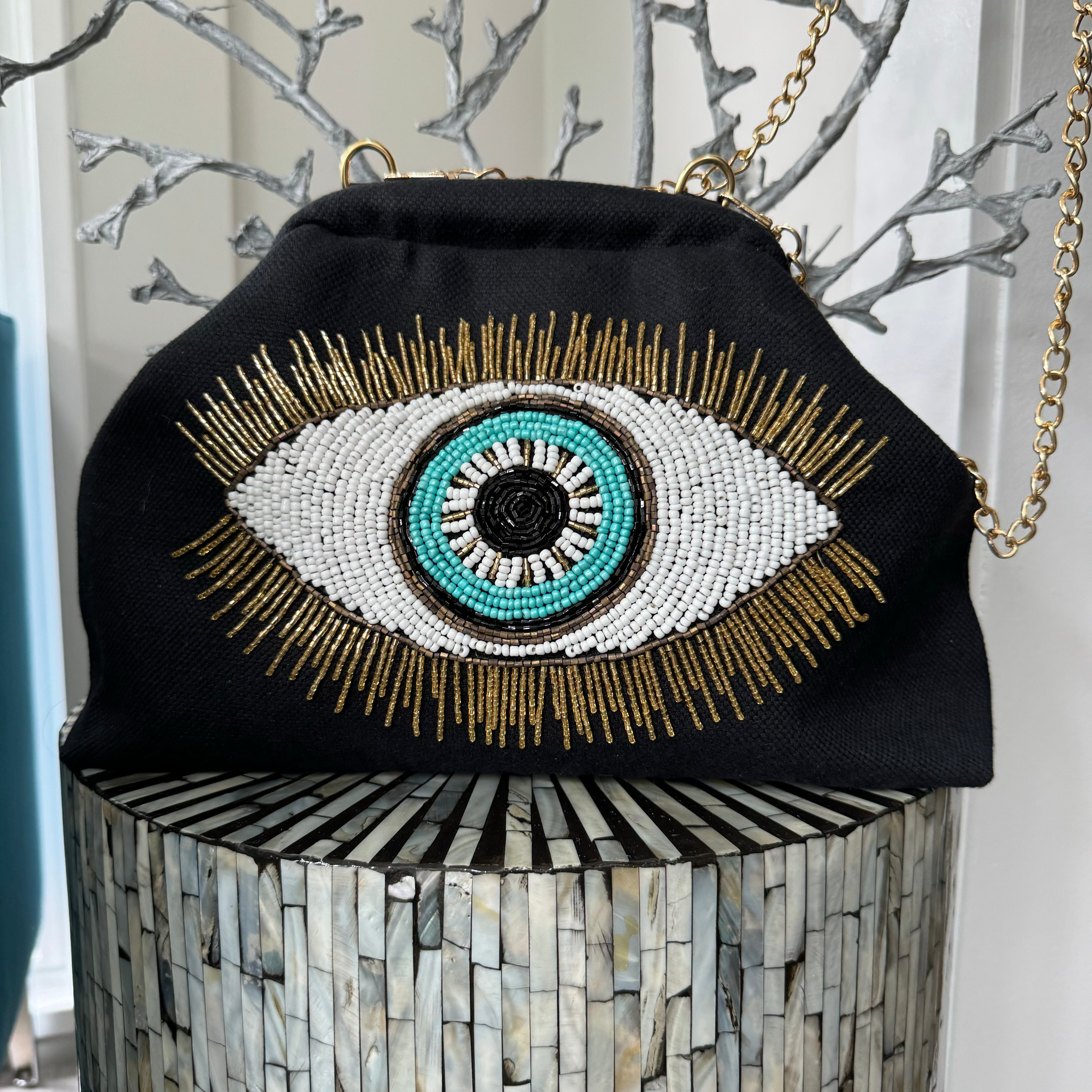 Black handbag Clutch with beaded evil eye