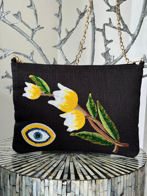 Black clutch with sequins flowers & Yellow and evil eye design