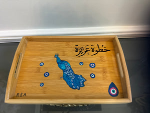 Serving wood tray hand painted with peacock Evil eye & Arabic Calligraphy خطوة عزيزة