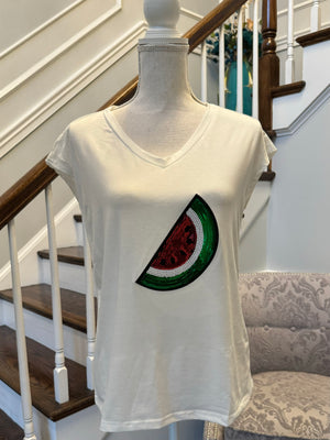 White V Neck T Shirt Watermelon Design