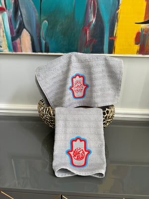 Set of 2 Gray Hand Towels designed with Arabic Calligraphy and Fatima’s Hand