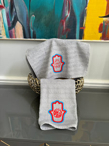 Gray Hand Towels designed with Arabic Calligraphy and Fatima’s Hand