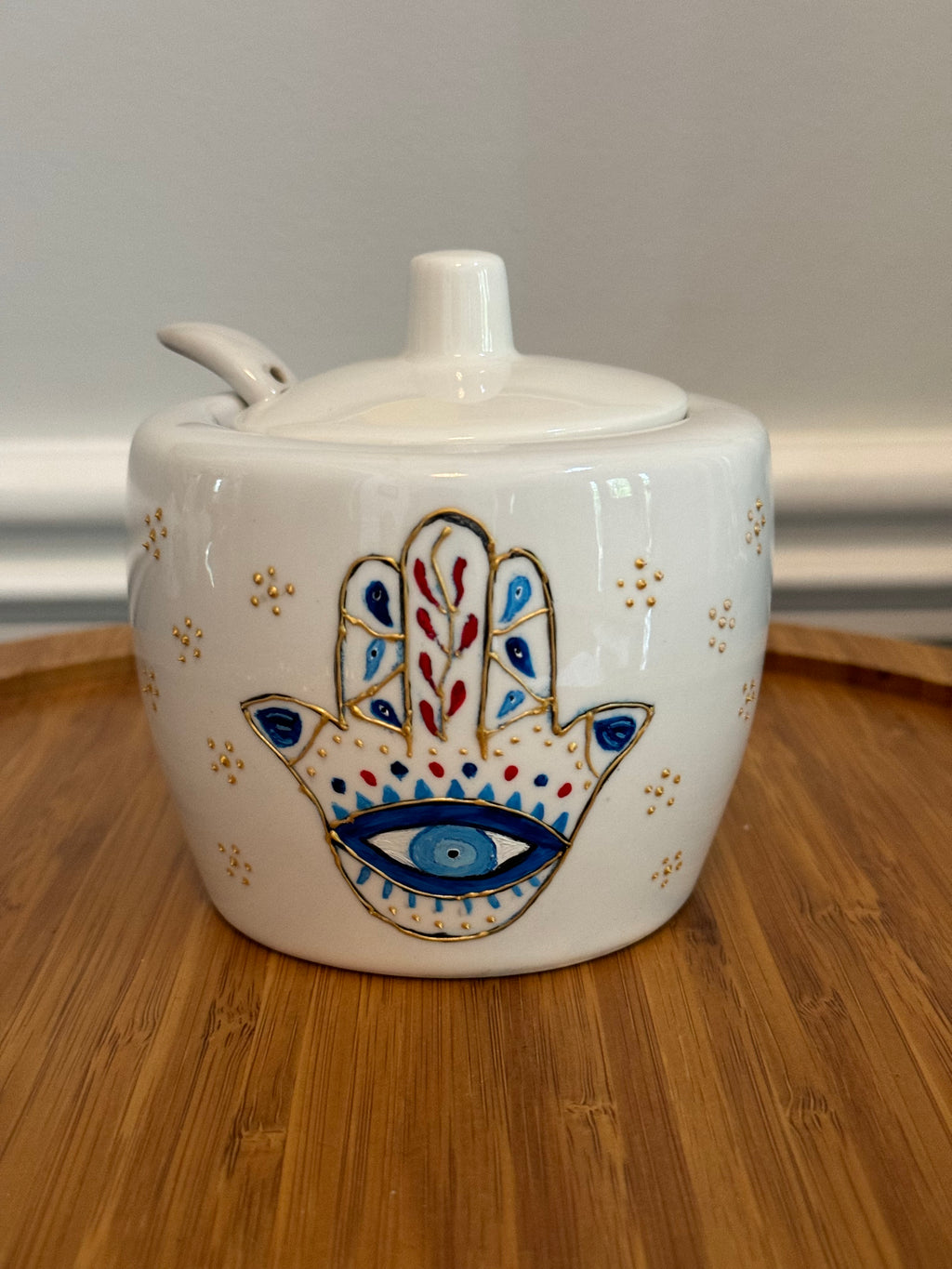 Porcelain Hand-Painted Sugar Bowl, sugar container with a lid .