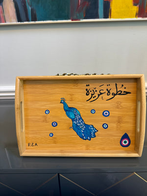 Serving wood tray hand painted with peacock Evil eye & Arabic Calligraphy خطوة عزيزة