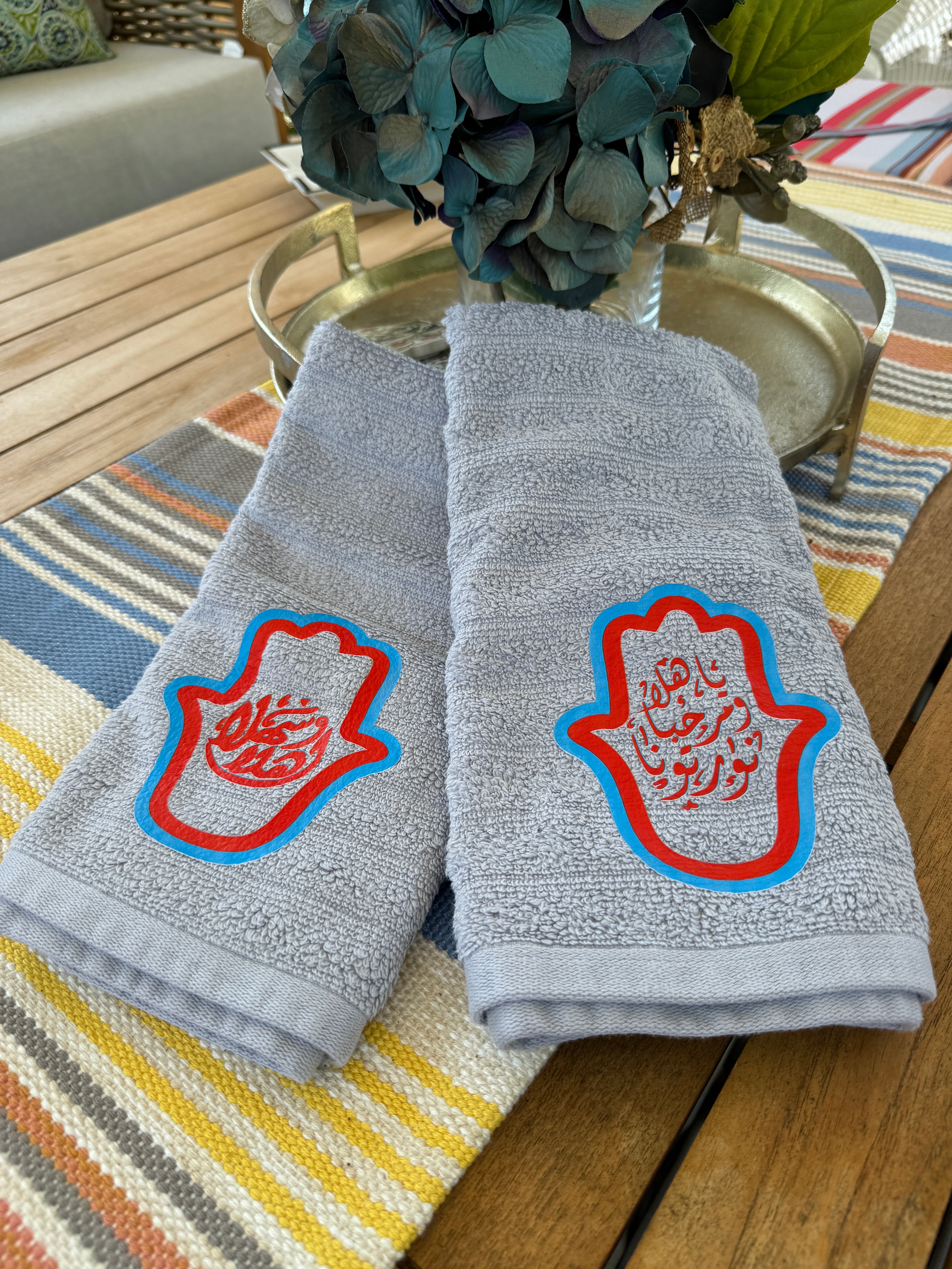 Set of 2 Gray Hand Towels designed with Arabic Calligraphy and Fatima’s Hand