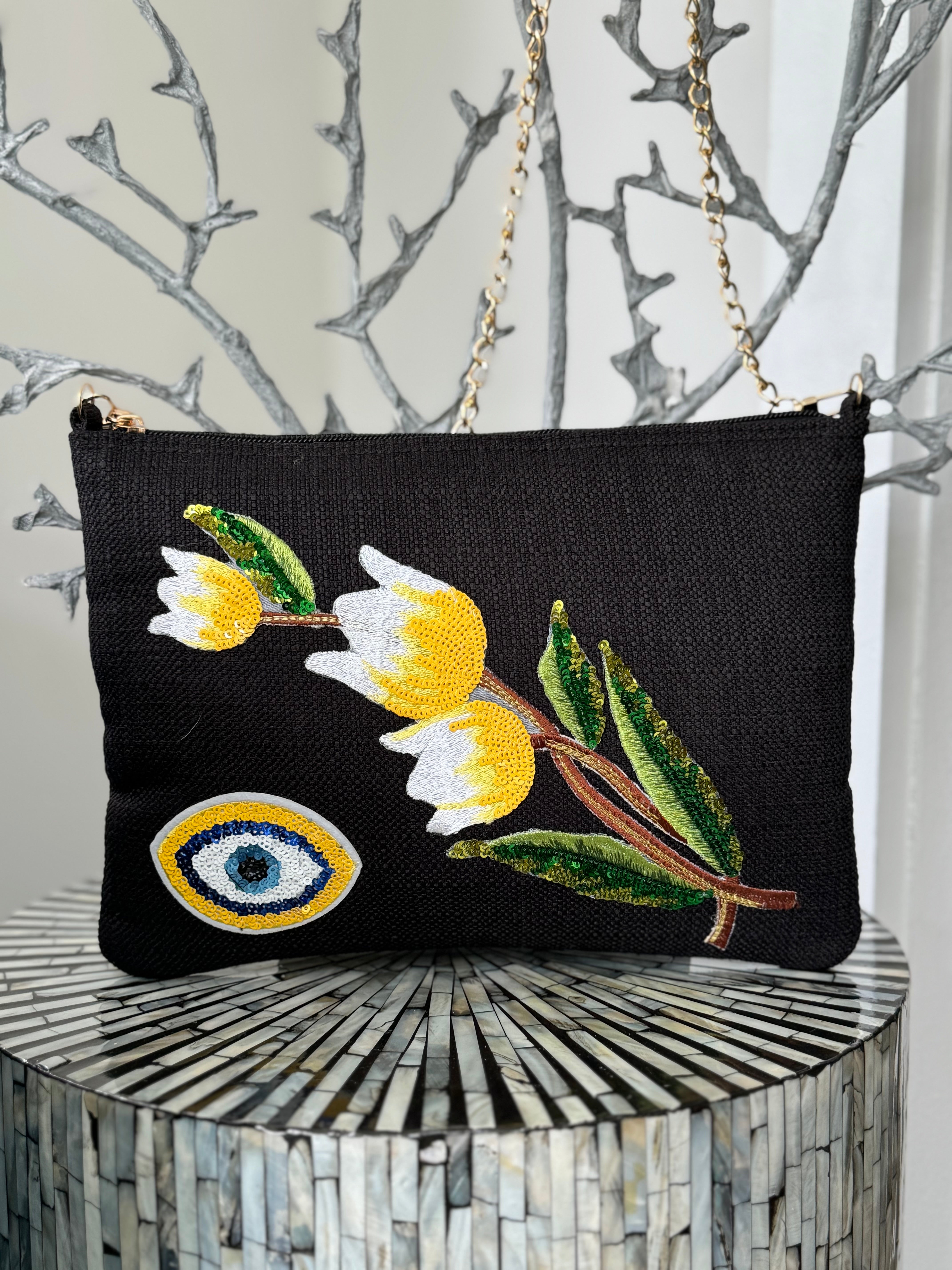 Black clutch with sequins flowers & Yellow and evil eye design