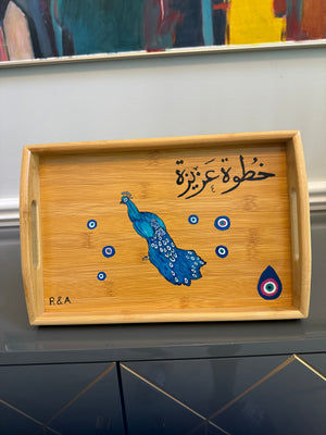 Serving wood tray hand painted with peacock Evil eye & Arabic Calligraphy خطوة عزيزة