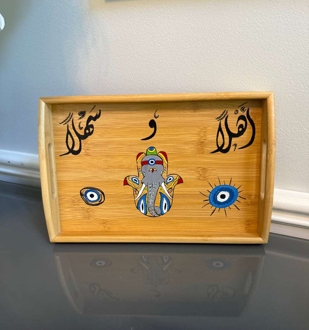 Serving tray hand painted with evil eye and Arabic Calligraphy اهلا و سهلا