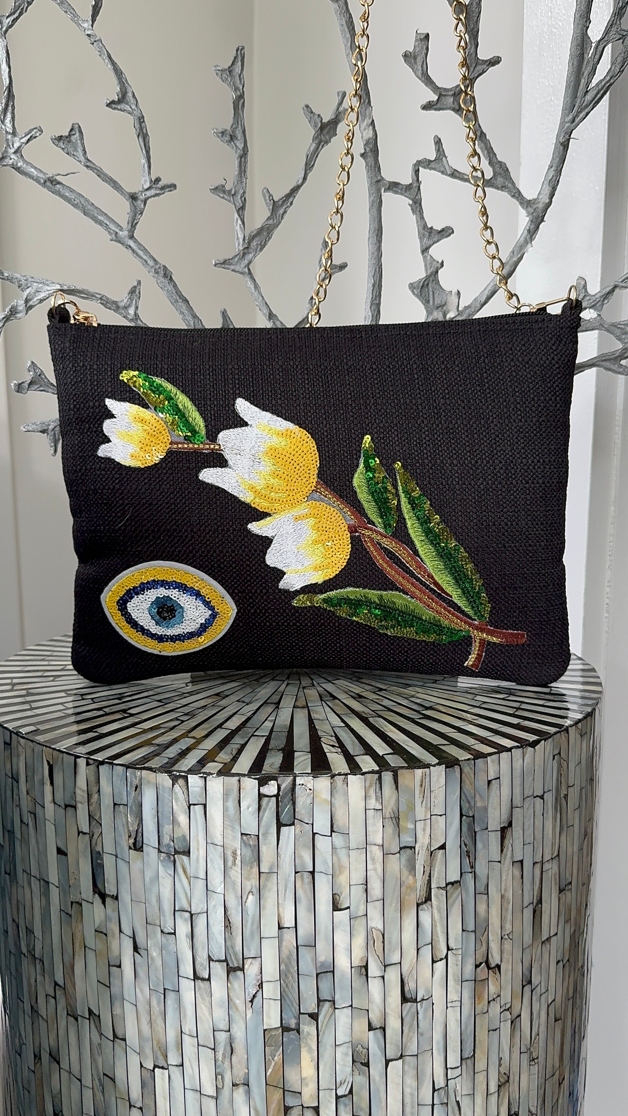 Black clutch with sequins flowers & Yellow and evil eye design