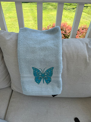 Set of 2 Blue Hand Towels designed with Arabic Calligraphy and Butterfly