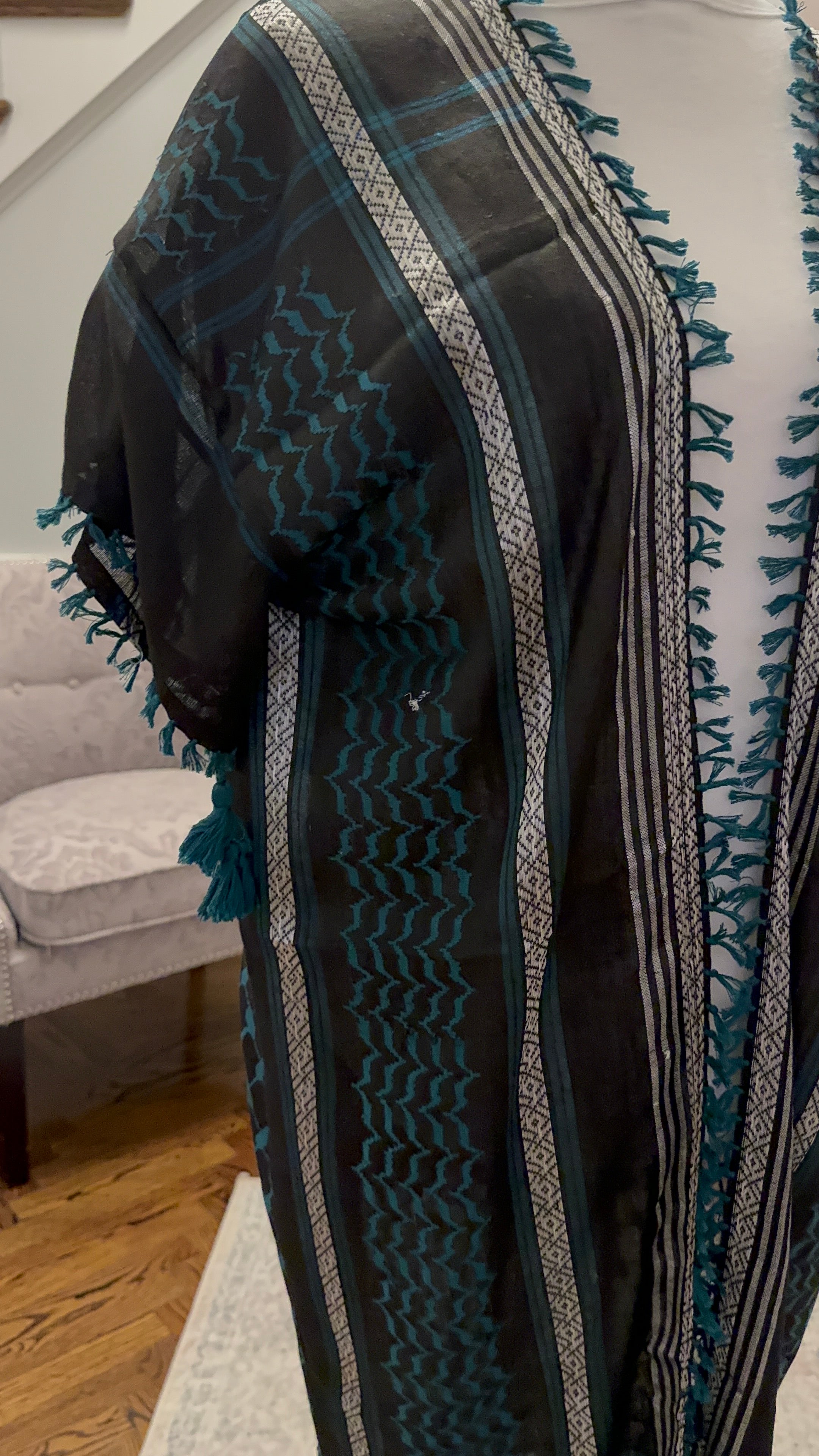 Gray, Silver and Teal  open keffiyeh caftan