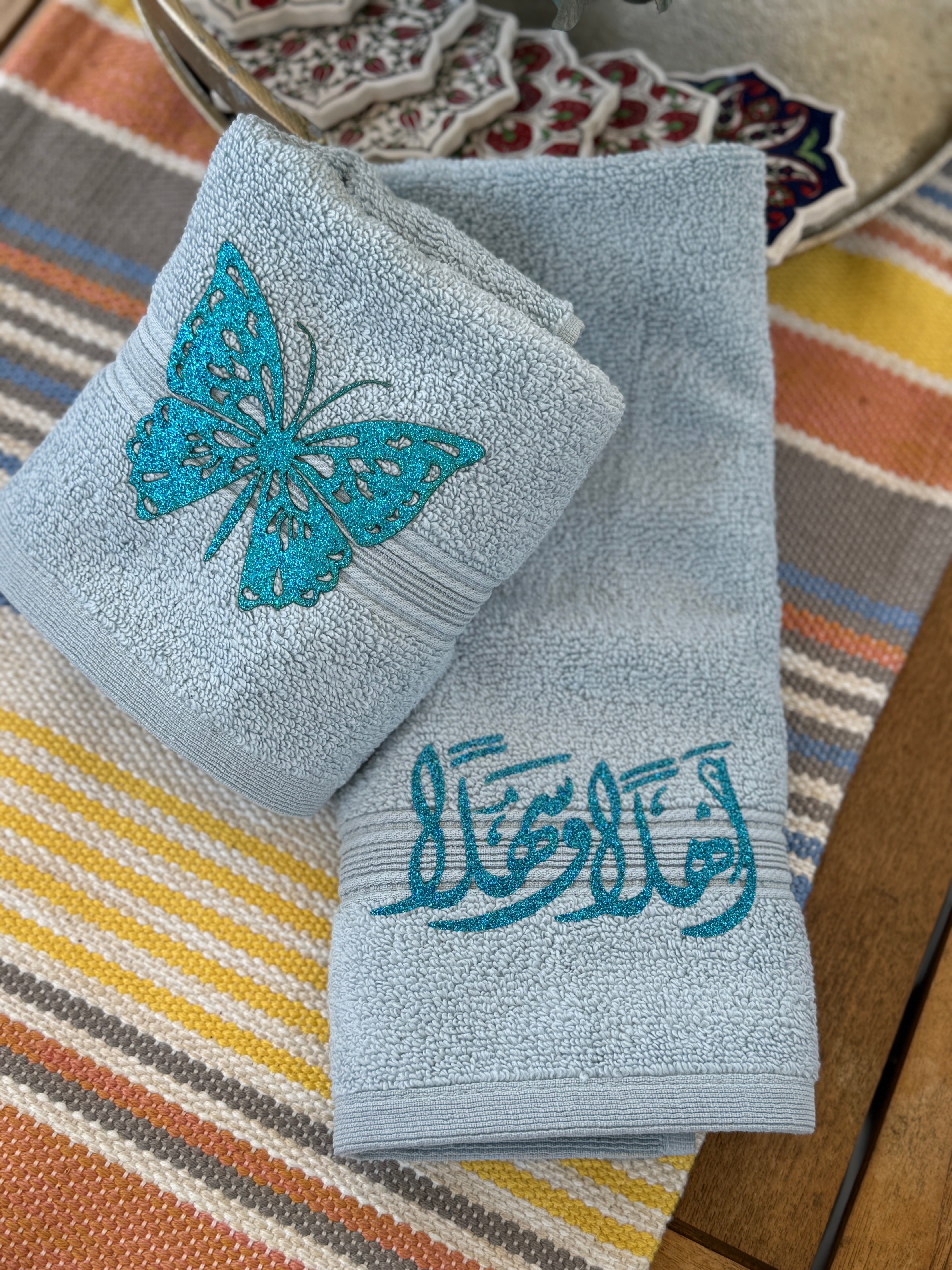 Set of 2 Blue Hand Towels designed with Arabic Calligraphy and Butterfly