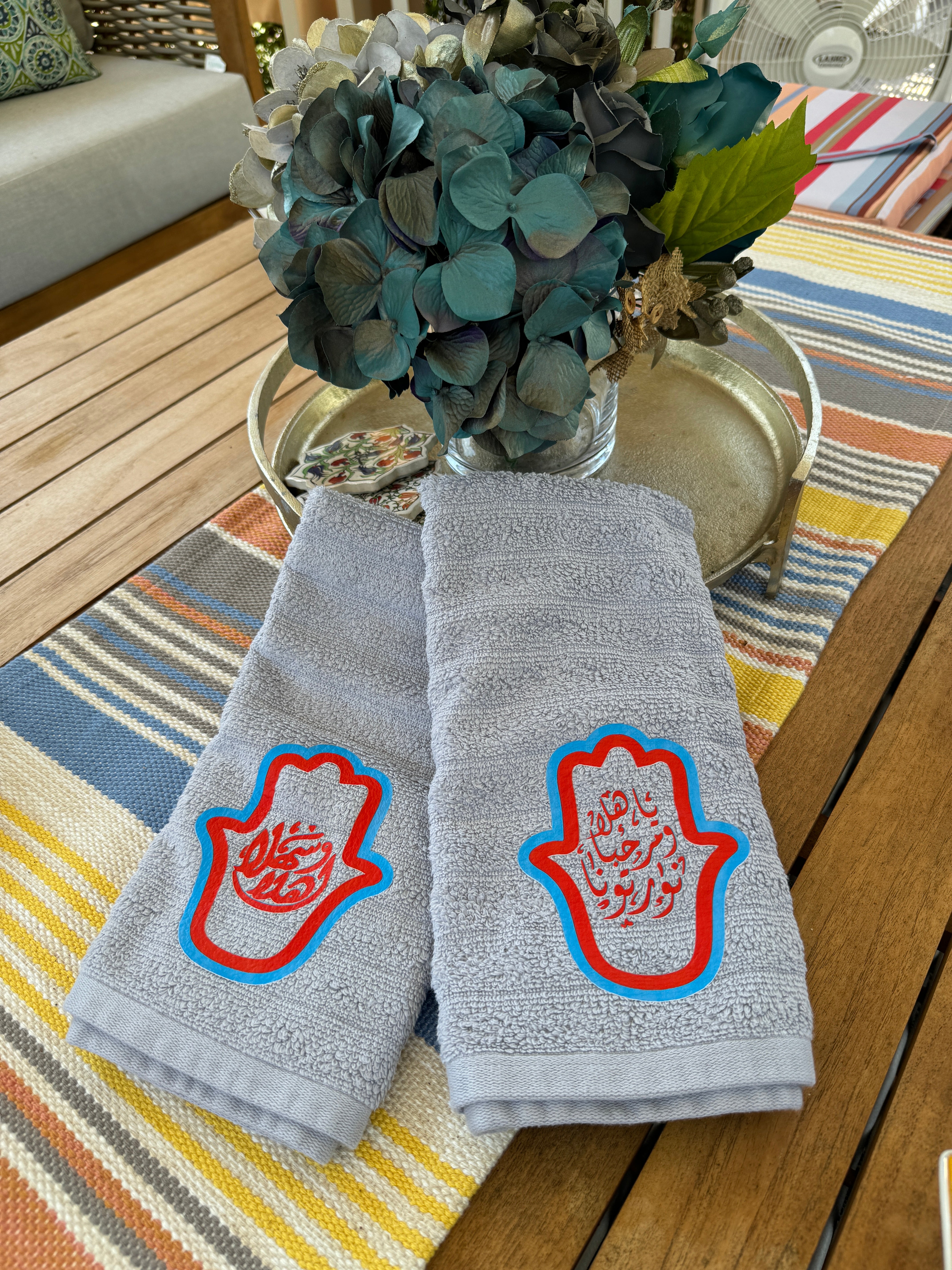 Set of 2 Gray Hand Towels designed with Arabic Calligraphy and Fatima’s Hand