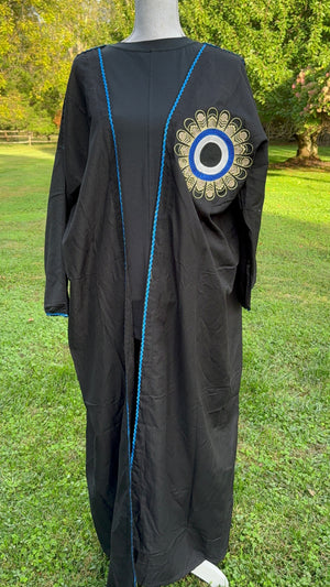 Open Caftan black with embroidery evil eye.