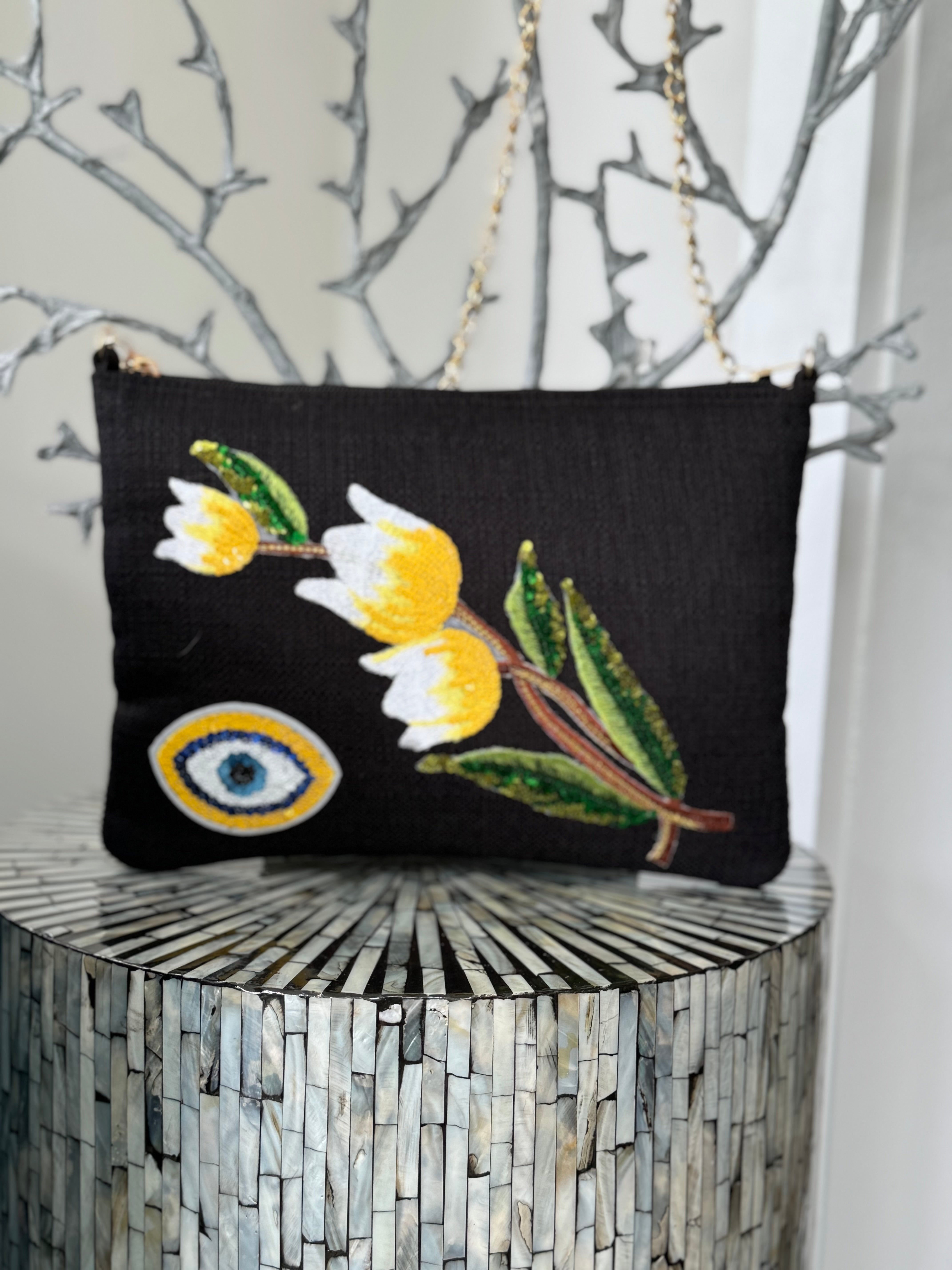 Black clutch with sequins flowers & Yellow and evil eye design