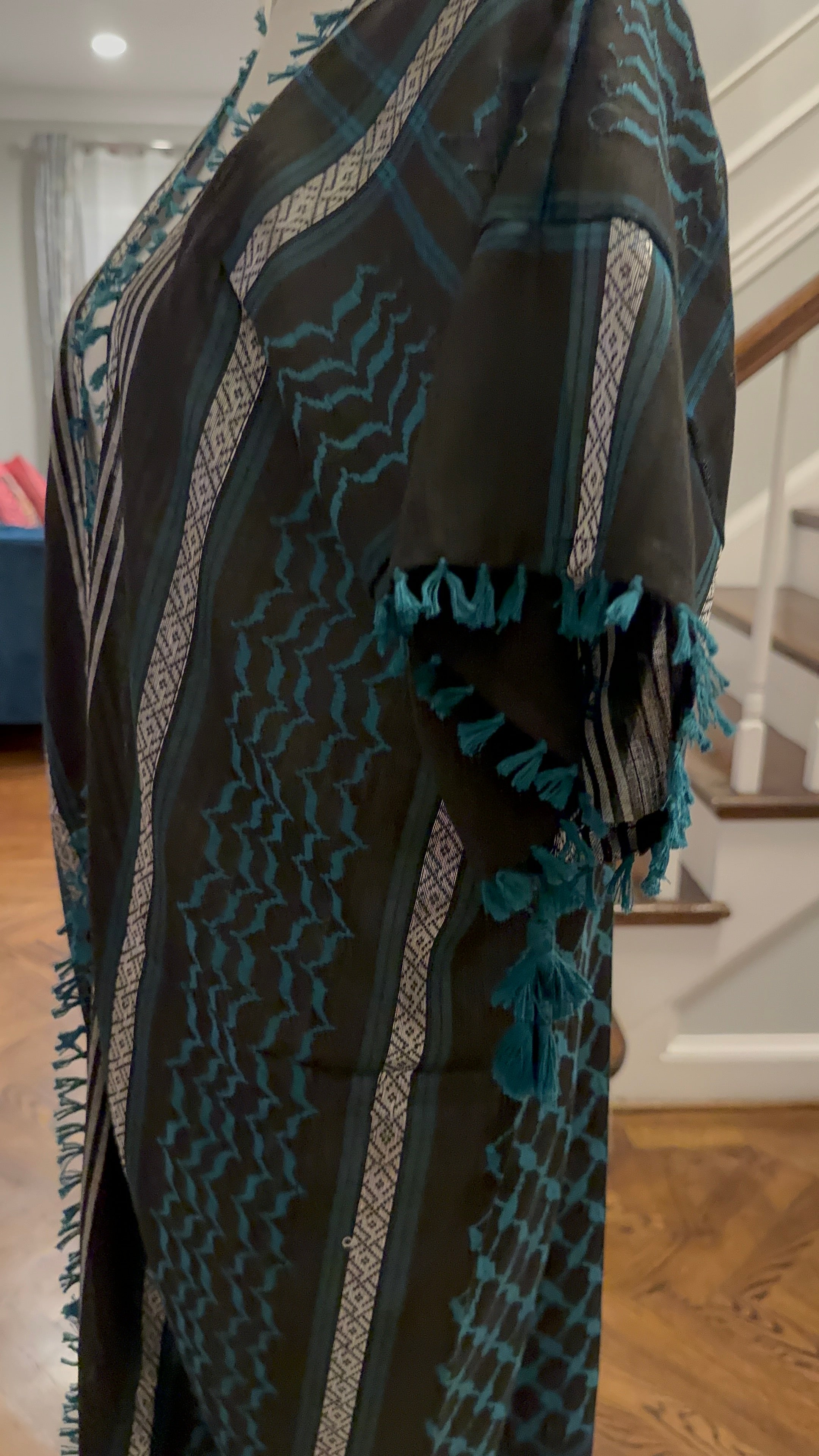 Gray, Silver and Teal  open keffiyeh caftan