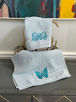 Set of 2 Blue Hand Towels designed with Arabic Calligraphy and Butterfly