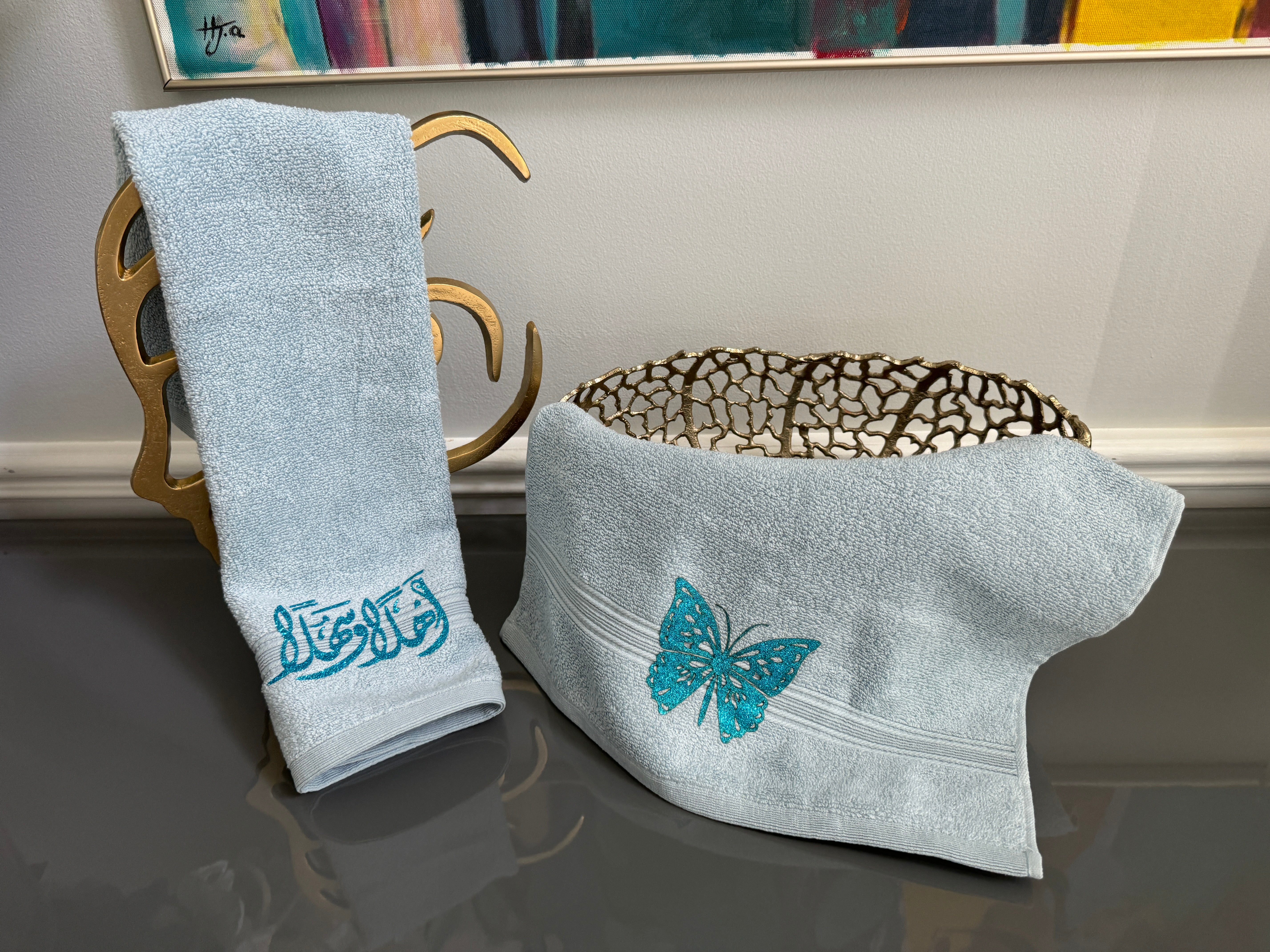 Set of 2 Blue Hand Towels designed with Arabic Calligraphy and Butterfly