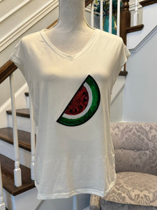 White V Neck T Shirt Watermelon Design