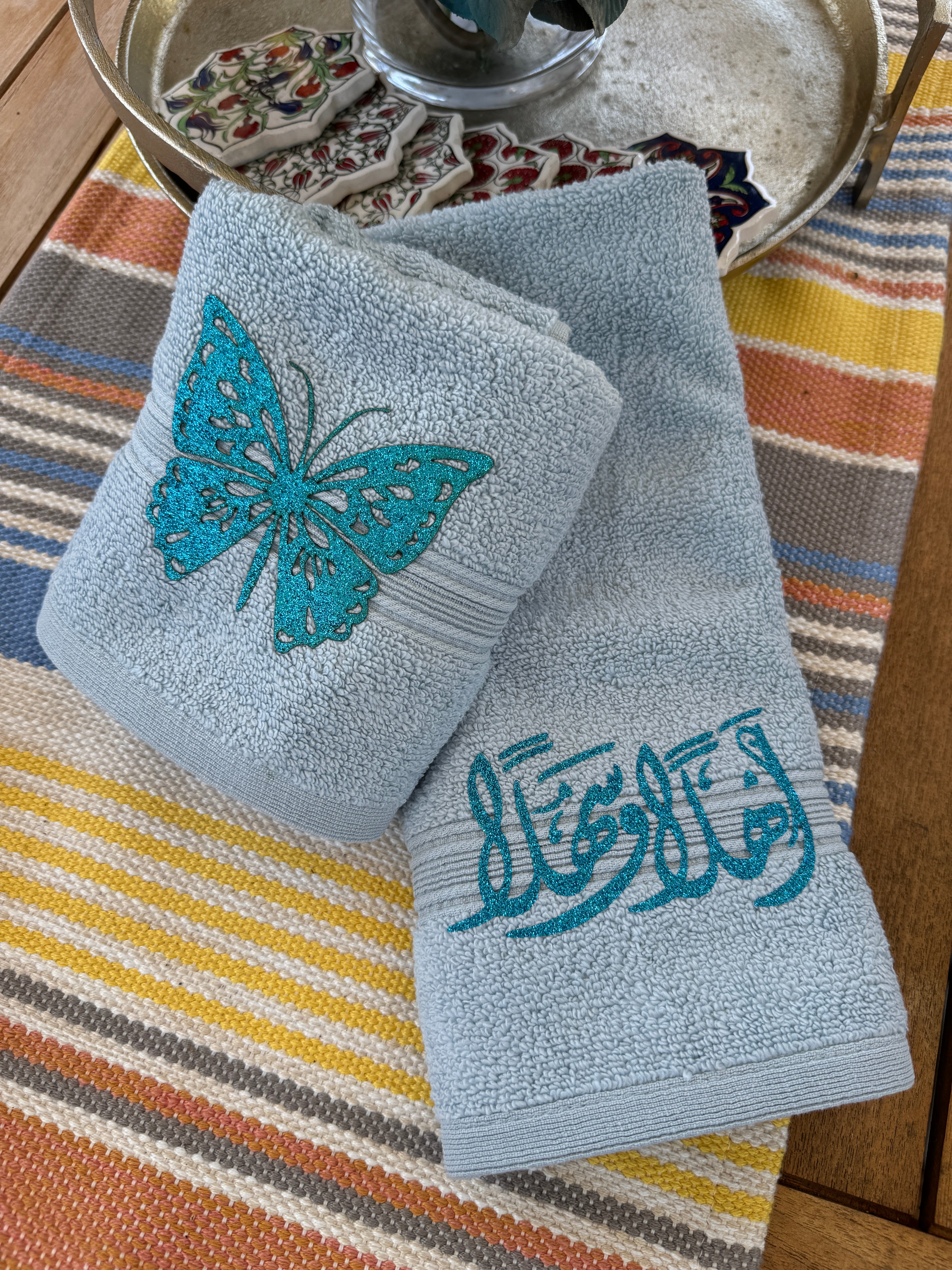 Set of 2 Blue Hand Towels designed with Arabic Calligraphy and Butterfly