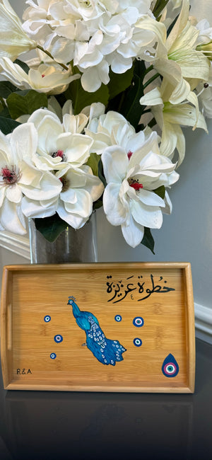 Serving wood tray hand painted with peacock Evil eye & Arabic Calligraphy خطوة عزيزة