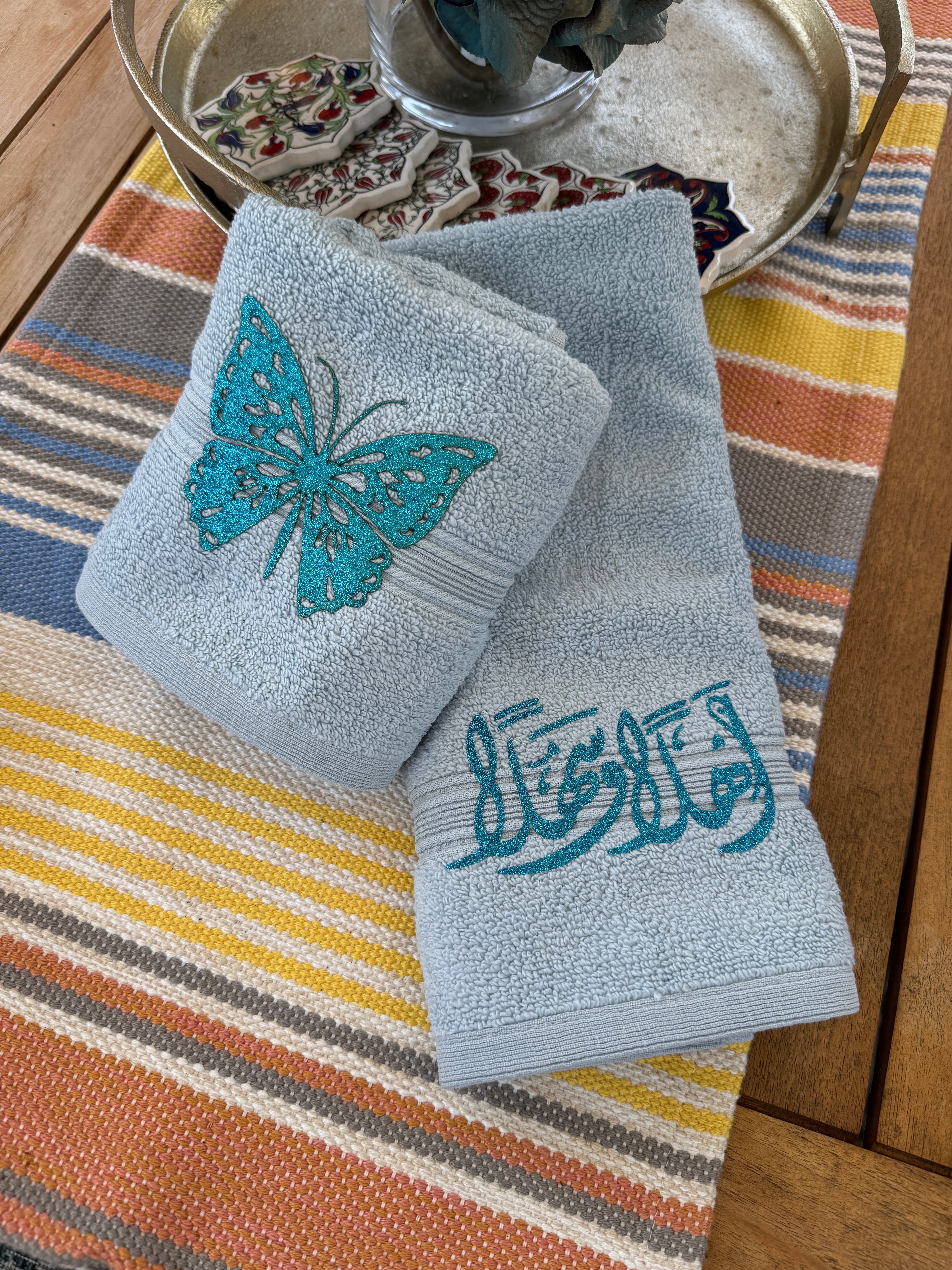 Set of 2 Blue Hand Towels designed with Arabic Calligraphy and Butterfly