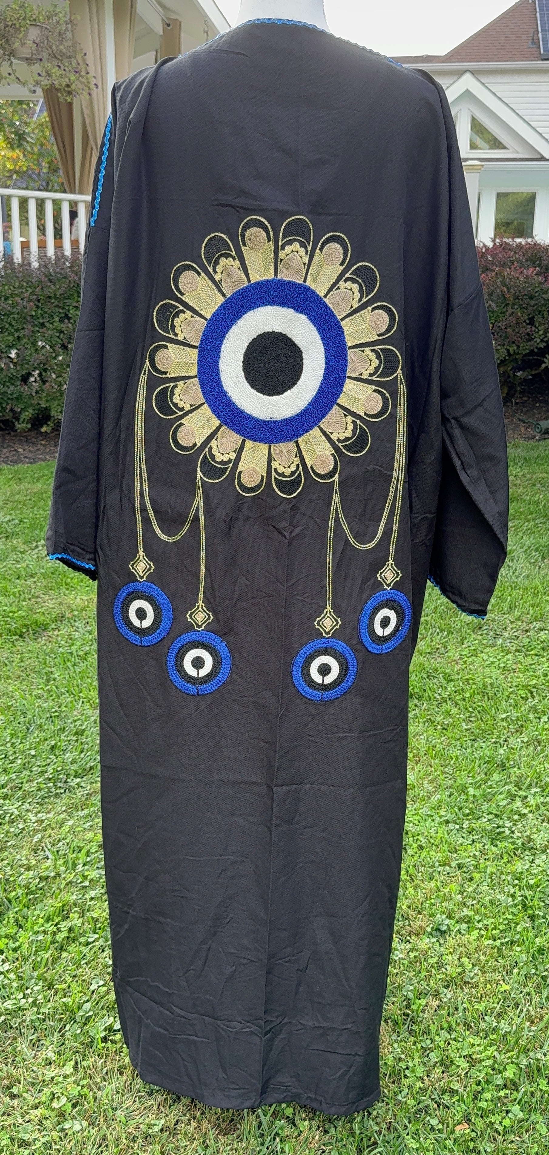 Open Caftan black with embroidery evil eye.