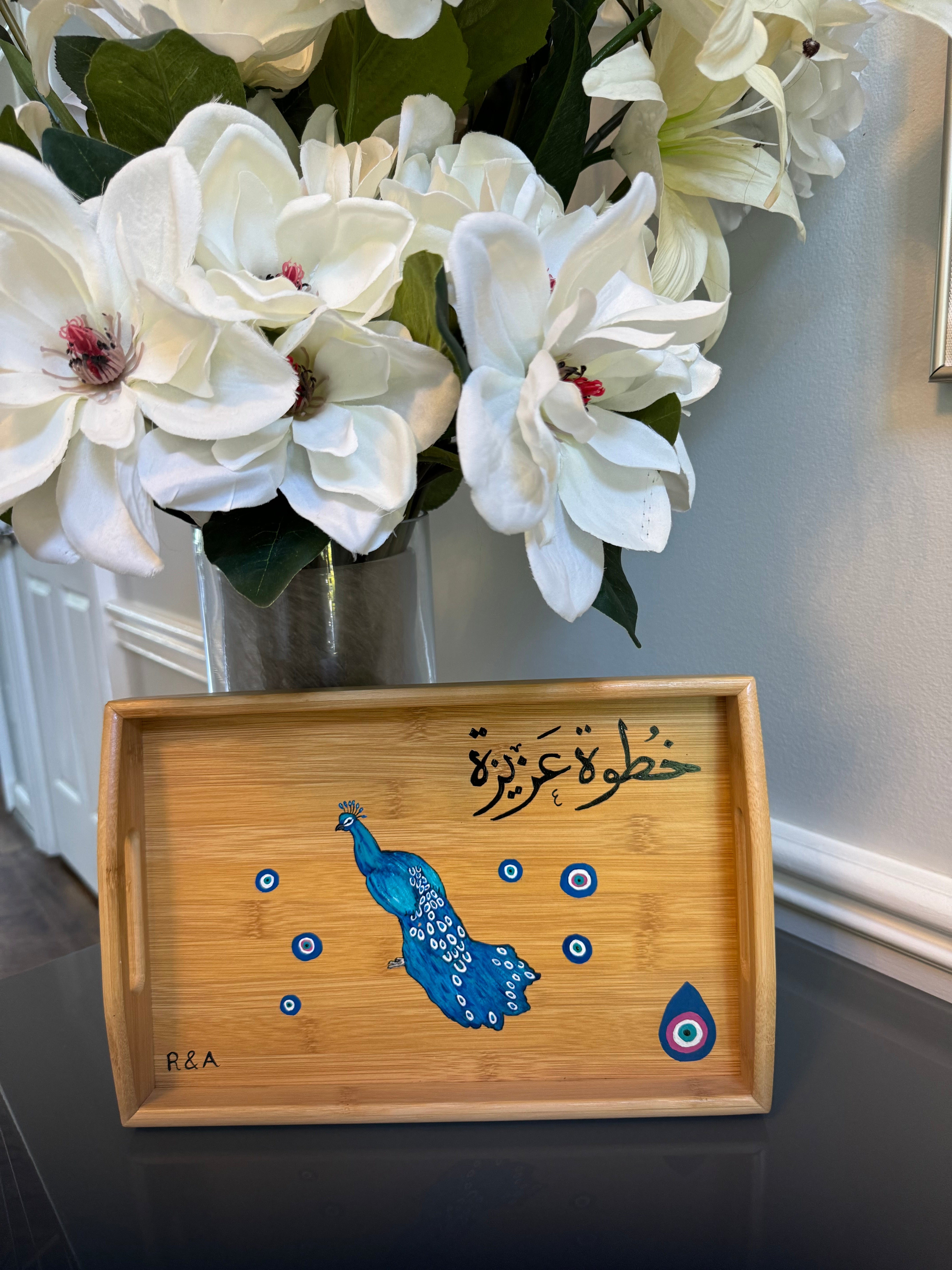 Serving wood tray hand painted with peacock Evil eye & Arabic Calligraphy خطوة عزيزة