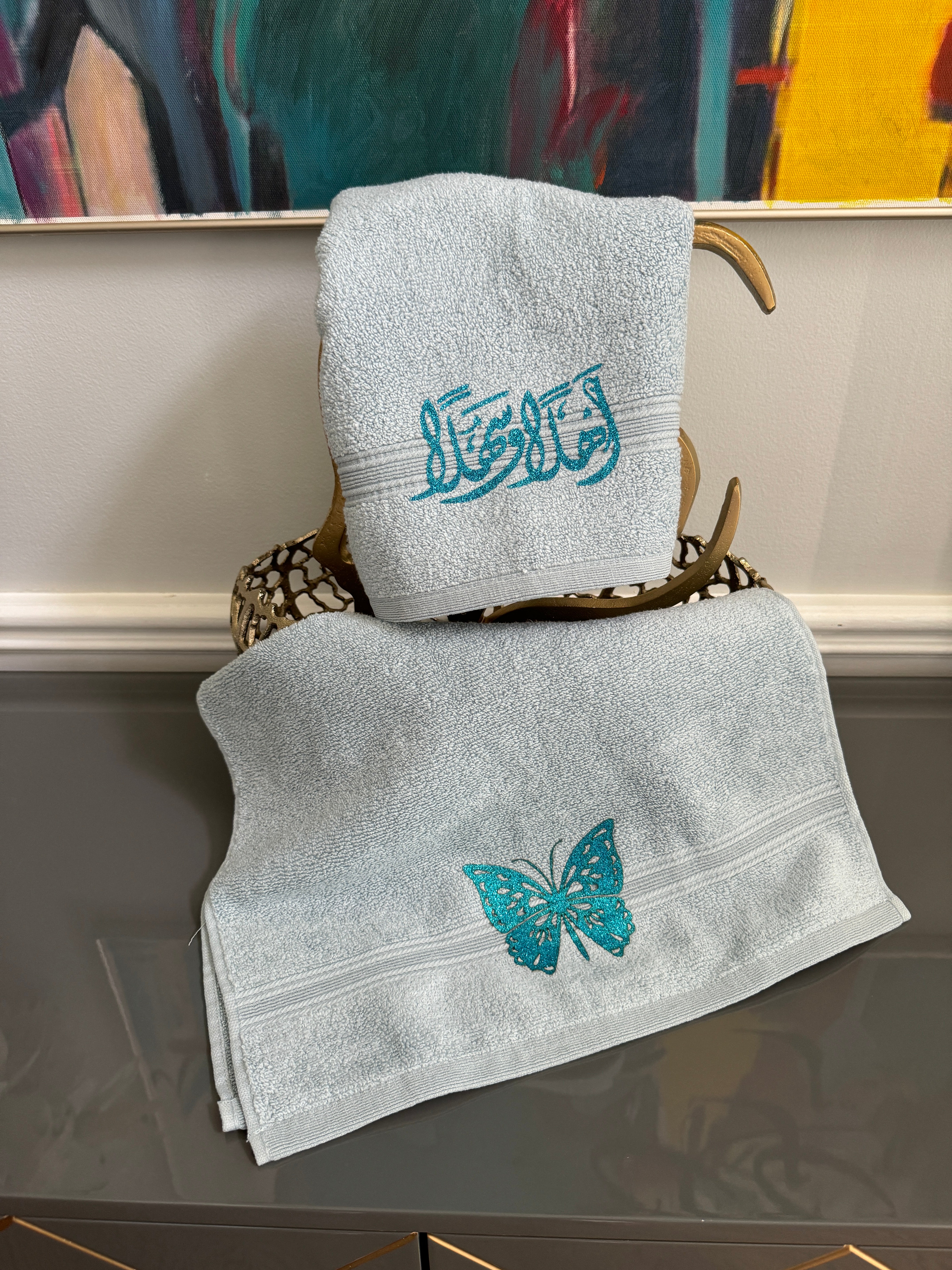 Set of 2 Blue Hand Towels designed with Arabic Calligraphy and Butterfly