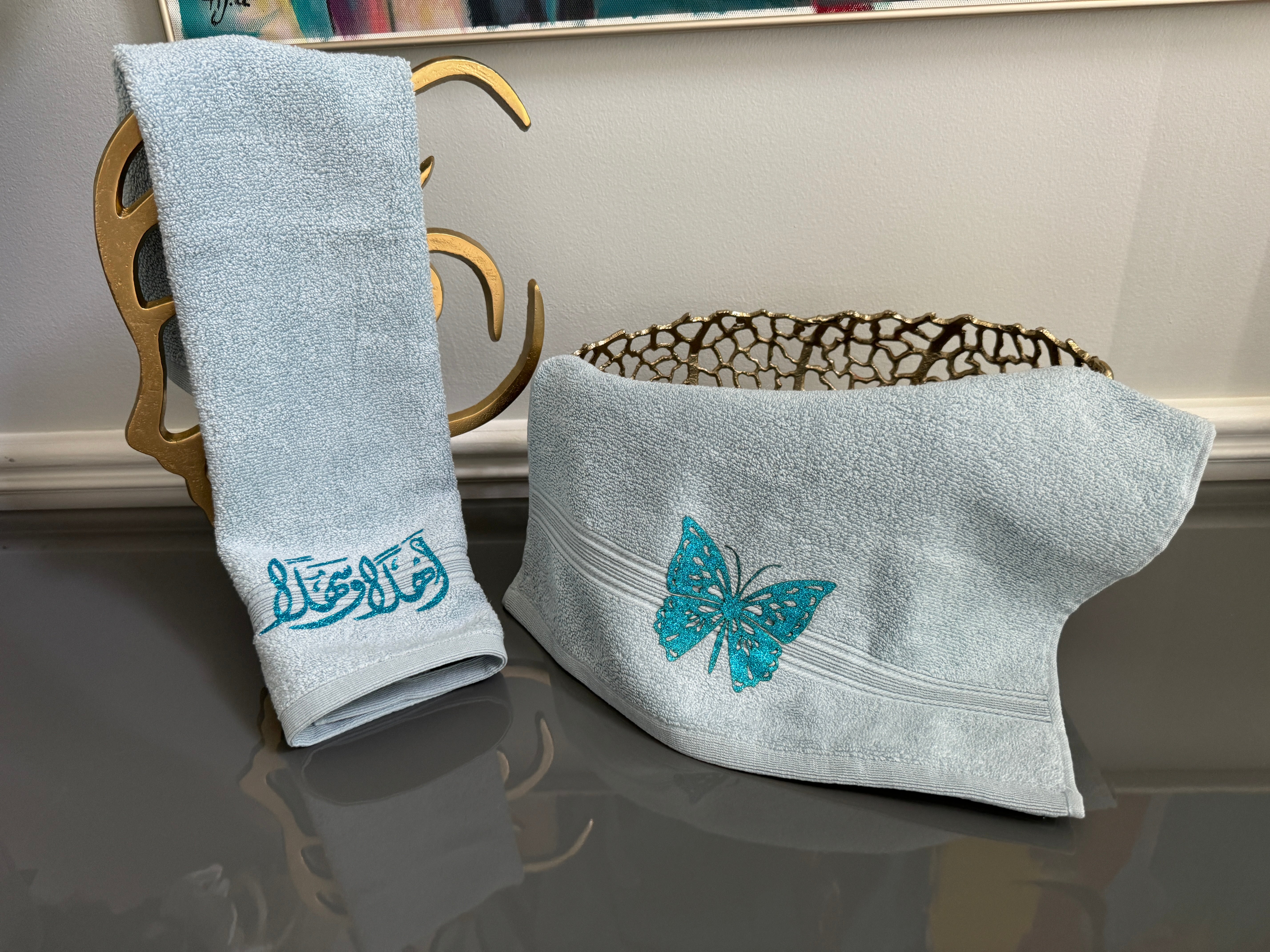 Set of 2 Blue Hand Towels designed with Arabic Calligraphy and Butterfly