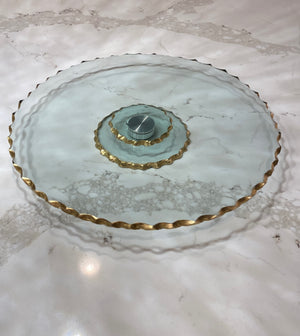 Lazy Susan cake plate clear glass with Gold trim
