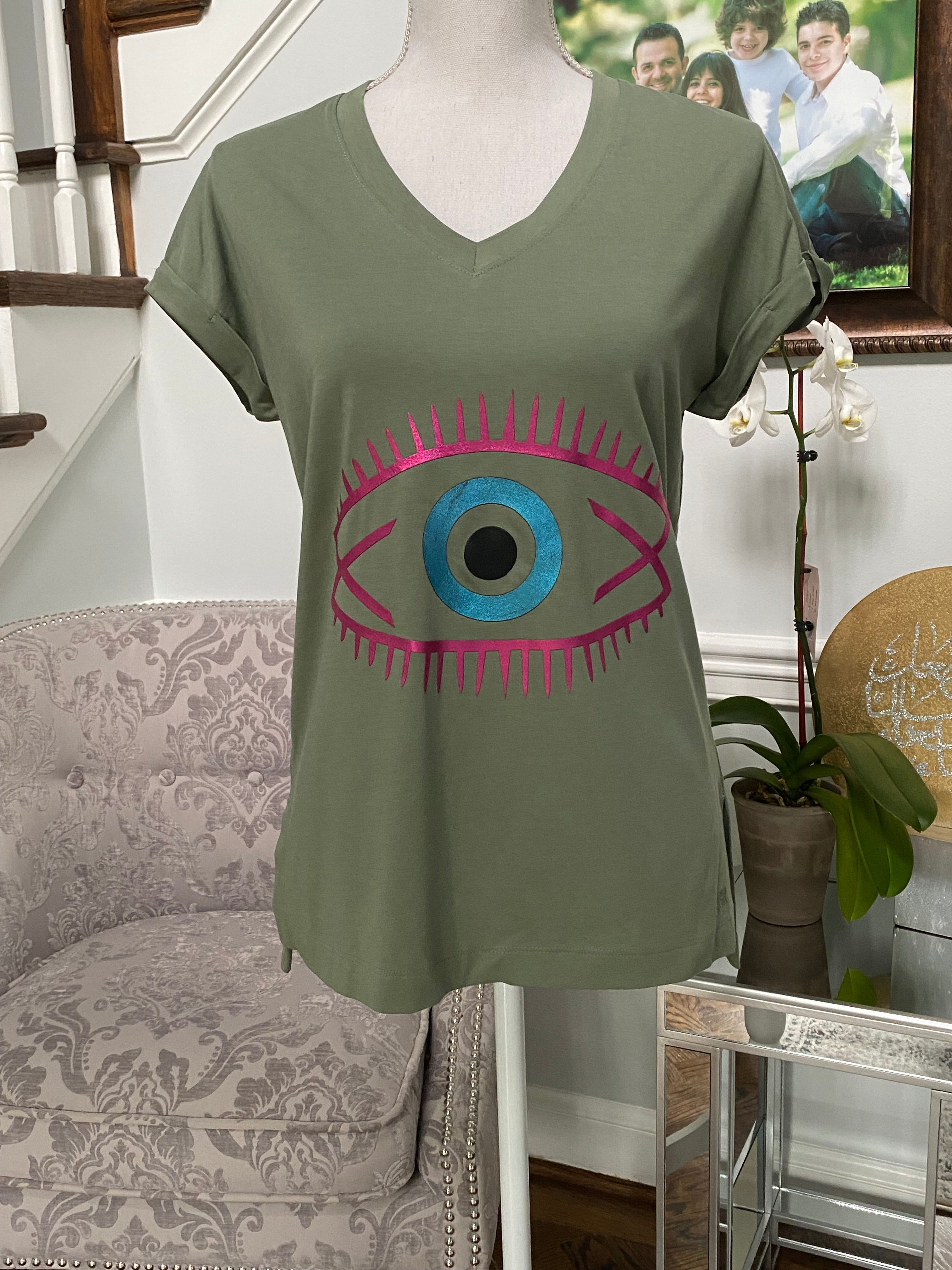 Army Green V-neck top with the eye design