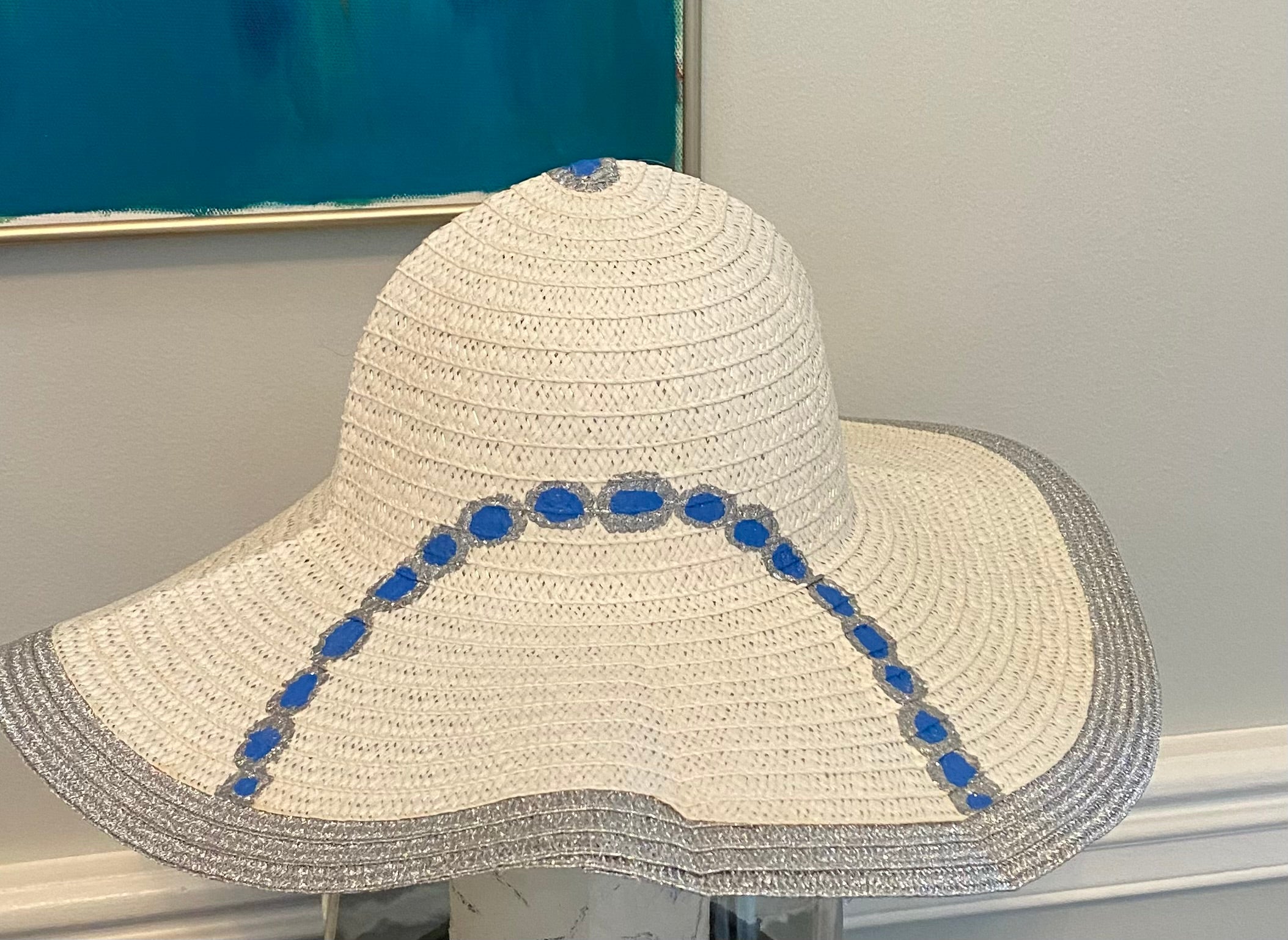 Floppy Hat white with Silver Trim Hand painted