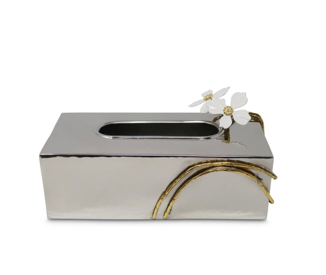 Stainless Steel Hammered tissue box with white Flower