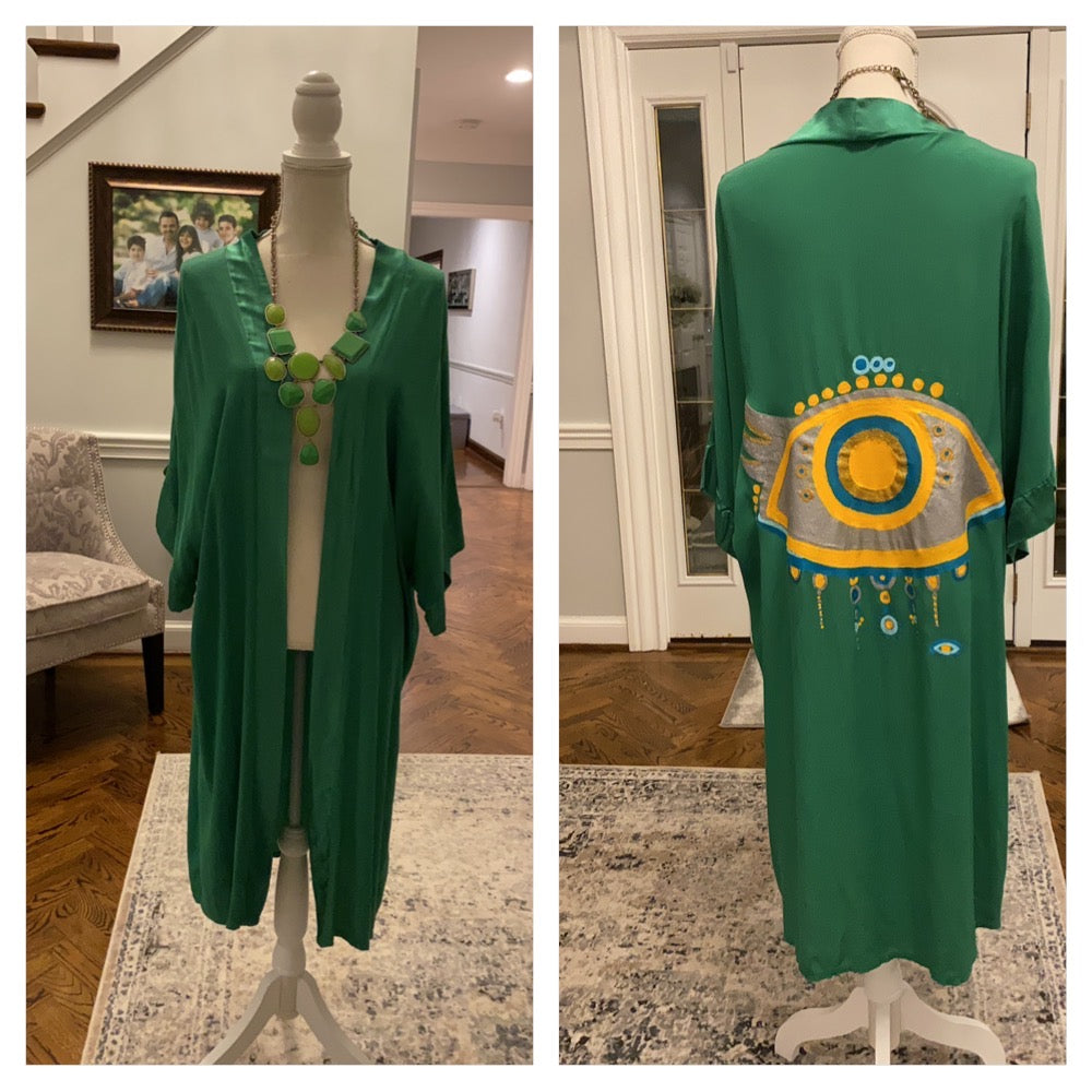 Open Caftan Green Color Hand Pained evil eye design