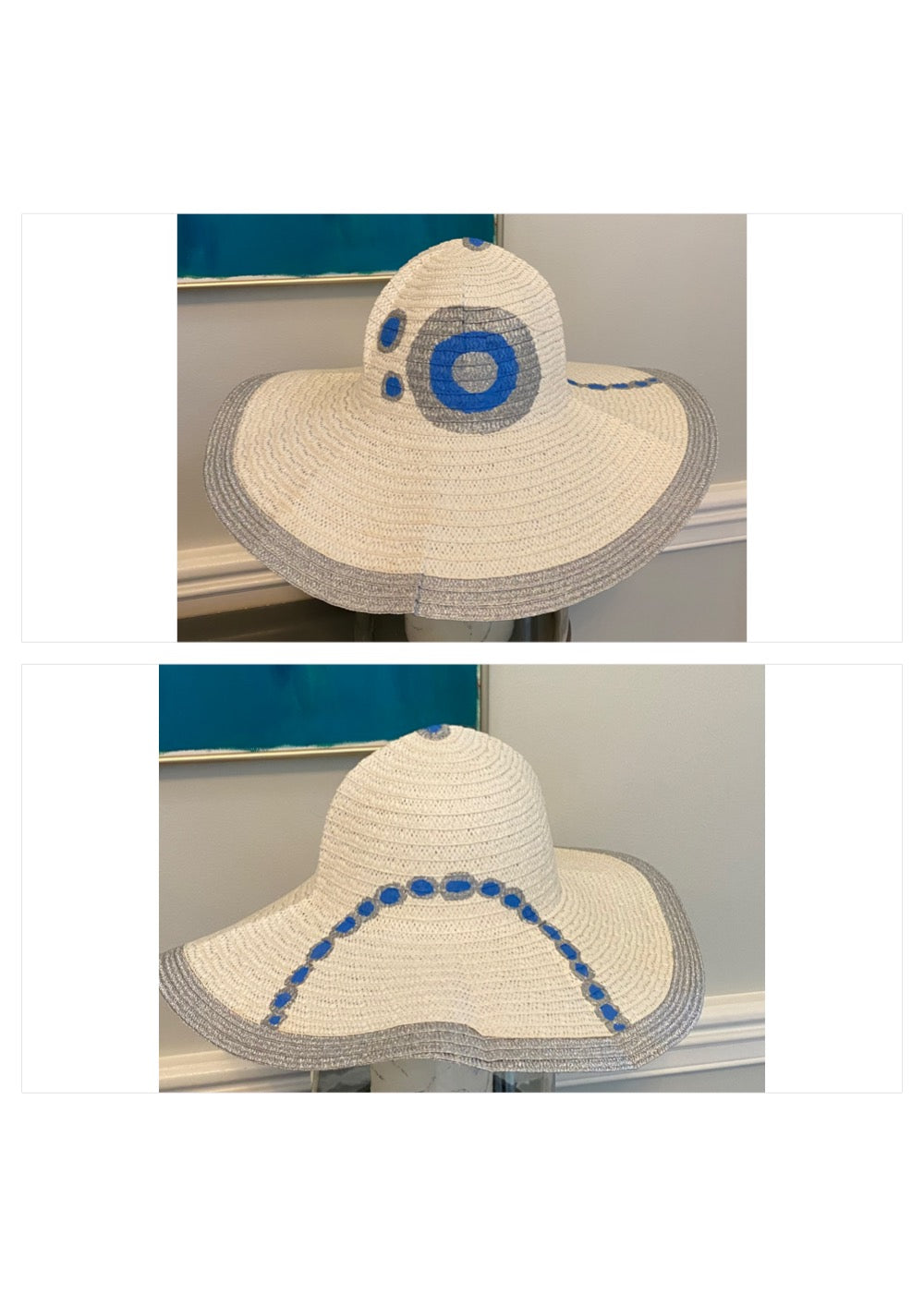 Floppy Hat white with Silver Trim Hand painted