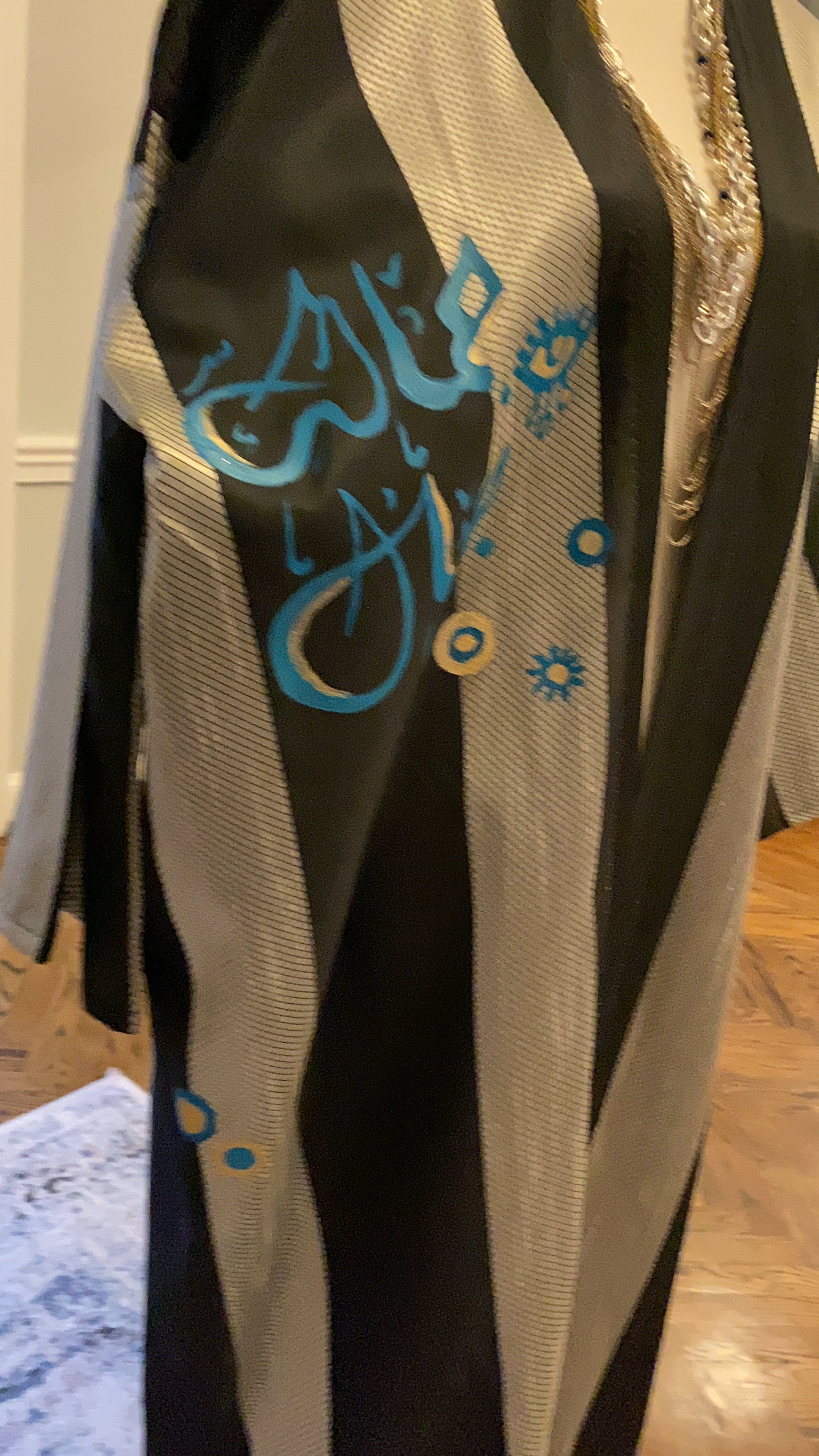 Open Caftan Gray and black colors with Hand paint art
