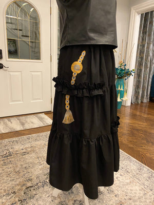 Black long Skirt , frill trim, hand painted.