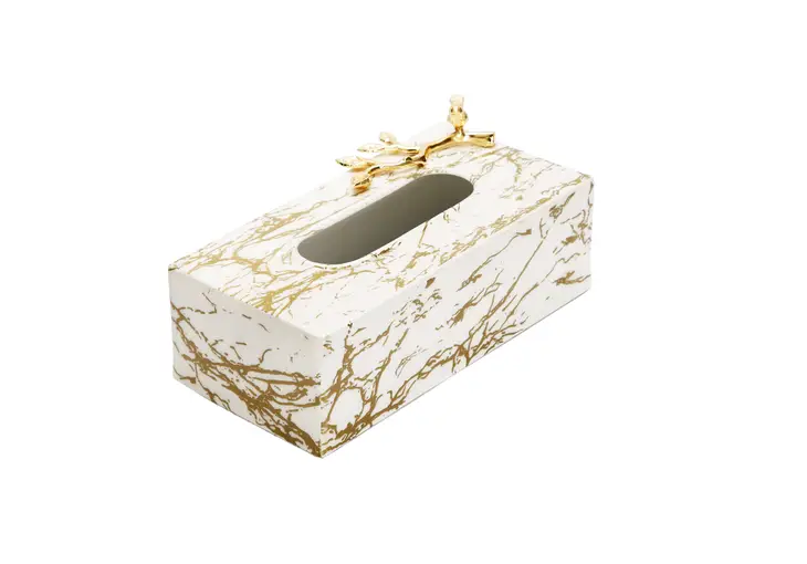 White and Gold Marble look Tissue Box with Gold Leaf Design