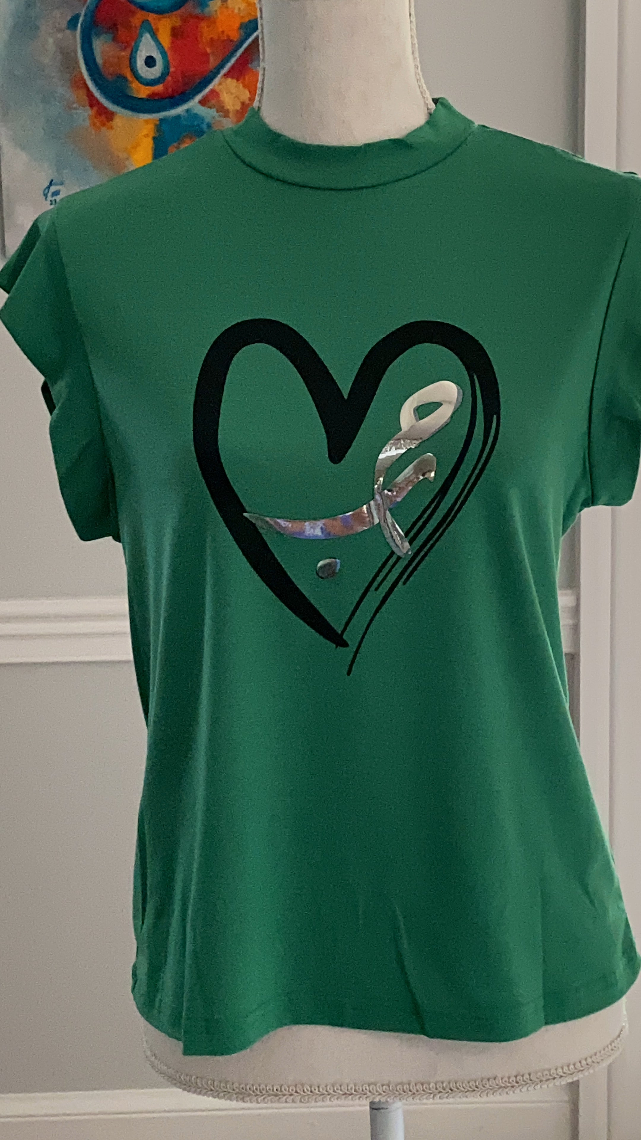 Green Mock neck shirt with Heart Design حب