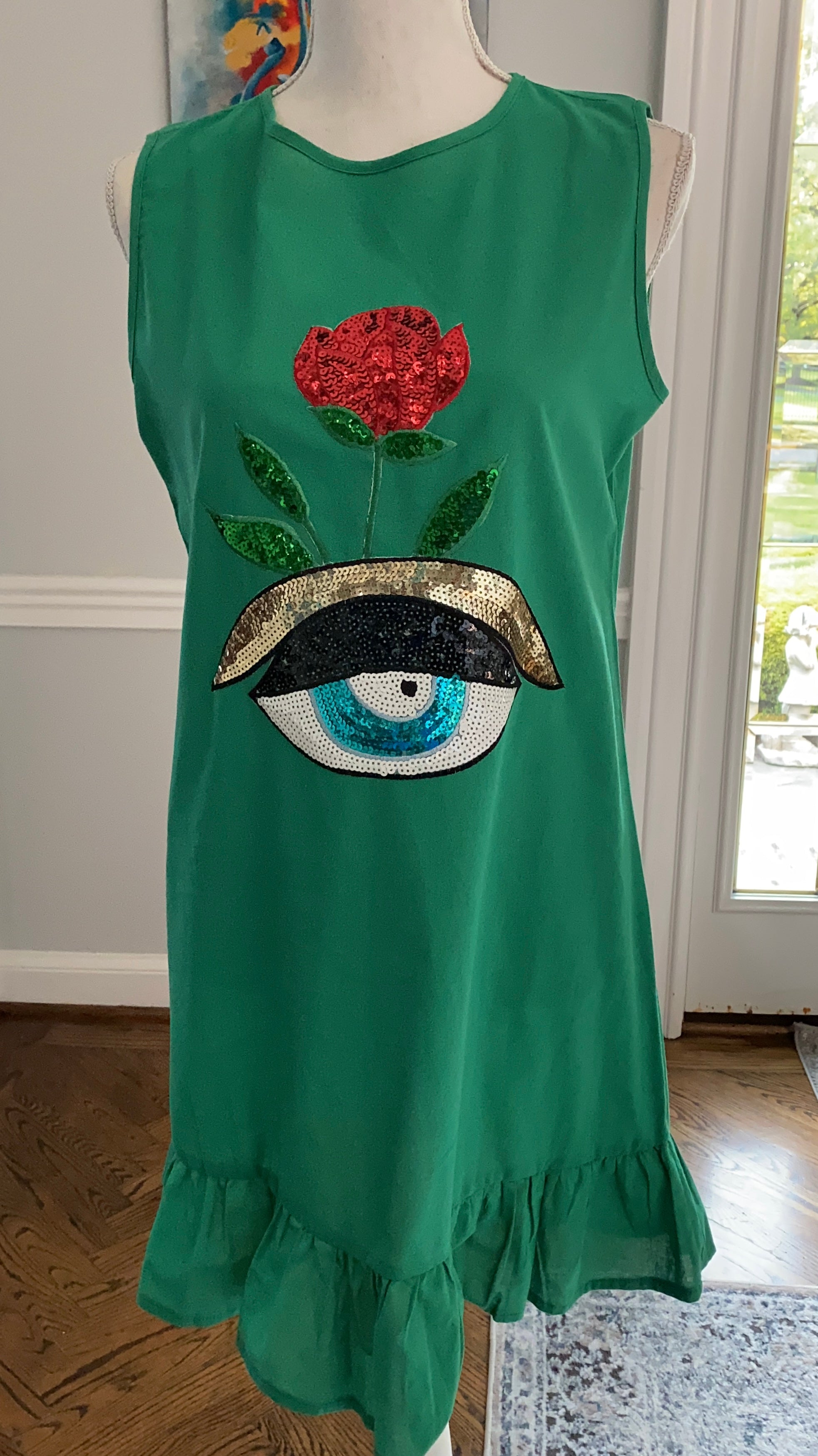 Green Linen dress with evil eye design