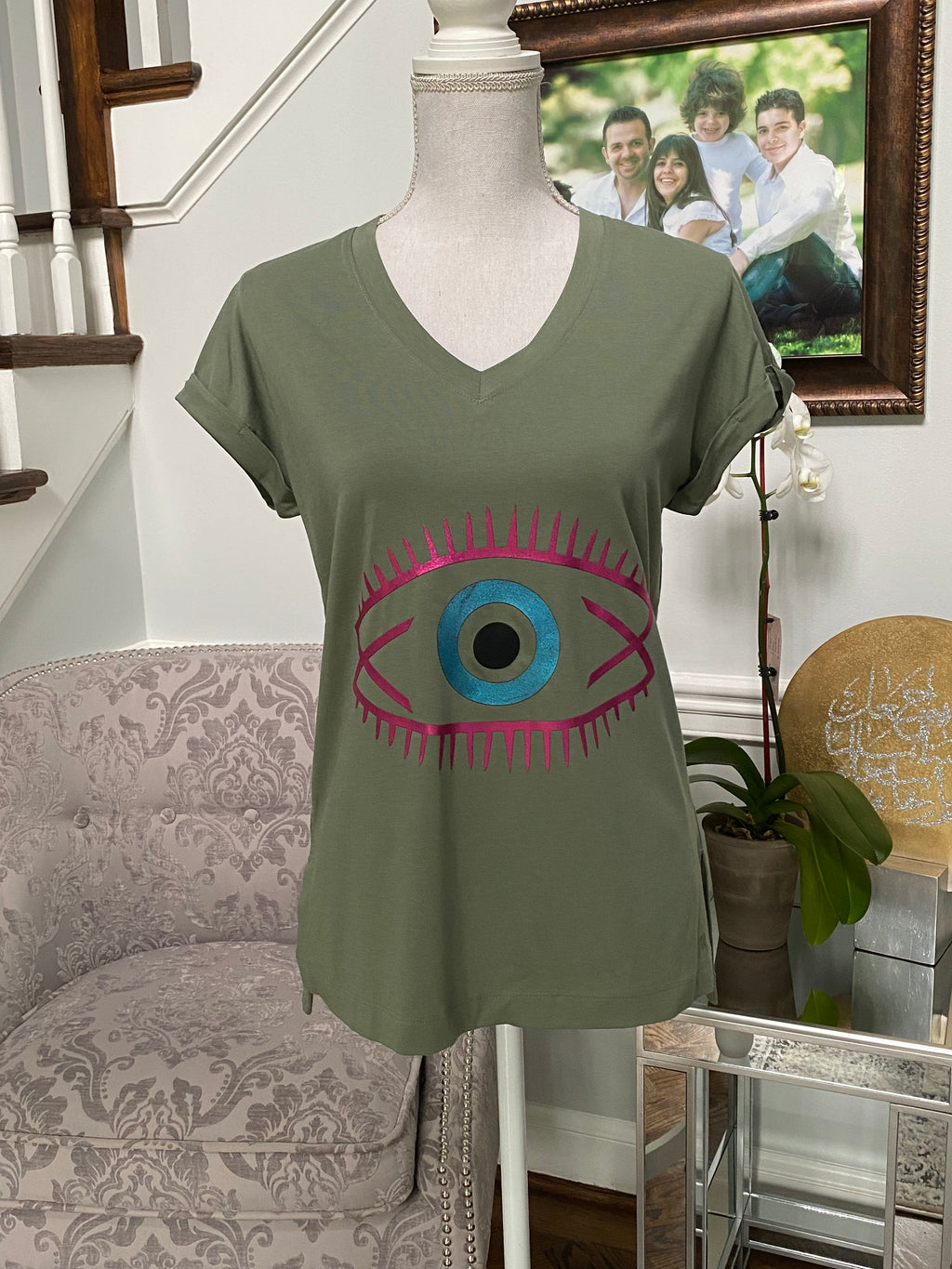 Army Green V-neck top with the eye design