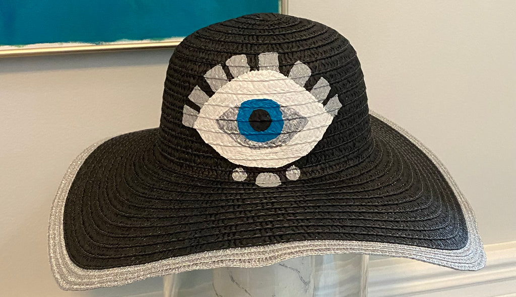 Floppy Hat Black and Silver trim , Hand painted Evil eye