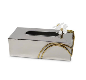 Stainless Steel Hammered tissue box with white Flower