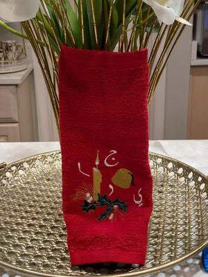 Christmas Towel Red with Mistletoe, Fez and Candle design