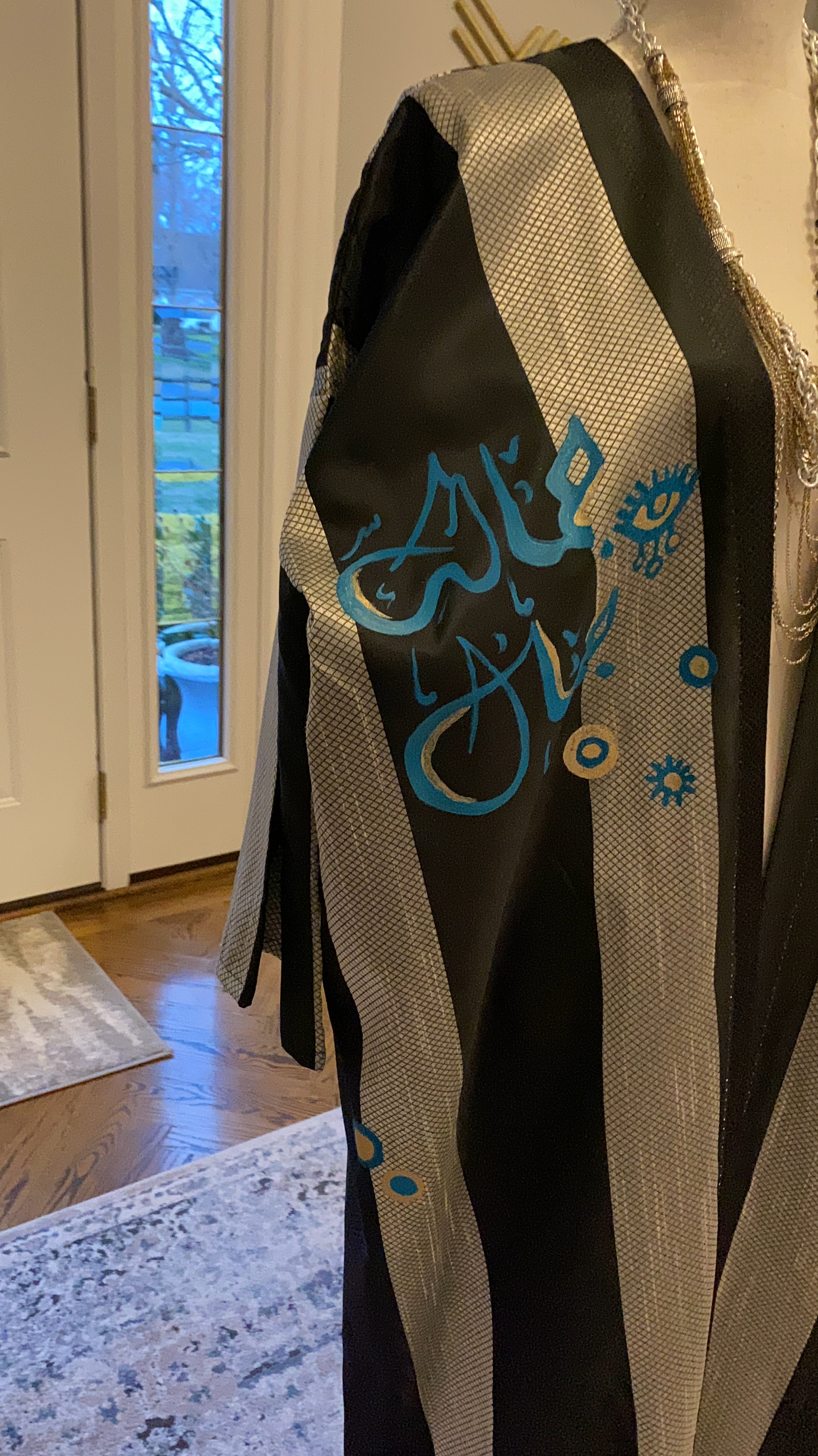 Open Caftan Gray and black colors with Hand paint art