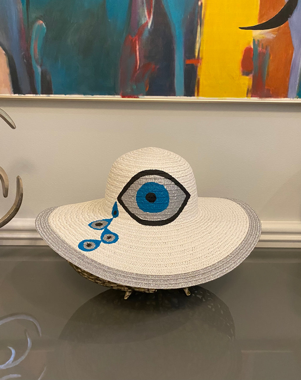 Floppy Hat White Hand painted with the evil eye and tear drops